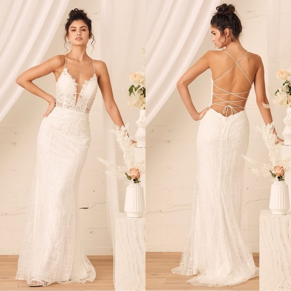 Sz 4 NWOT Lulus Wonderstruck White Glitter Lace-Up Embroidered Lace Maxi Dress - Picture 1 of 10